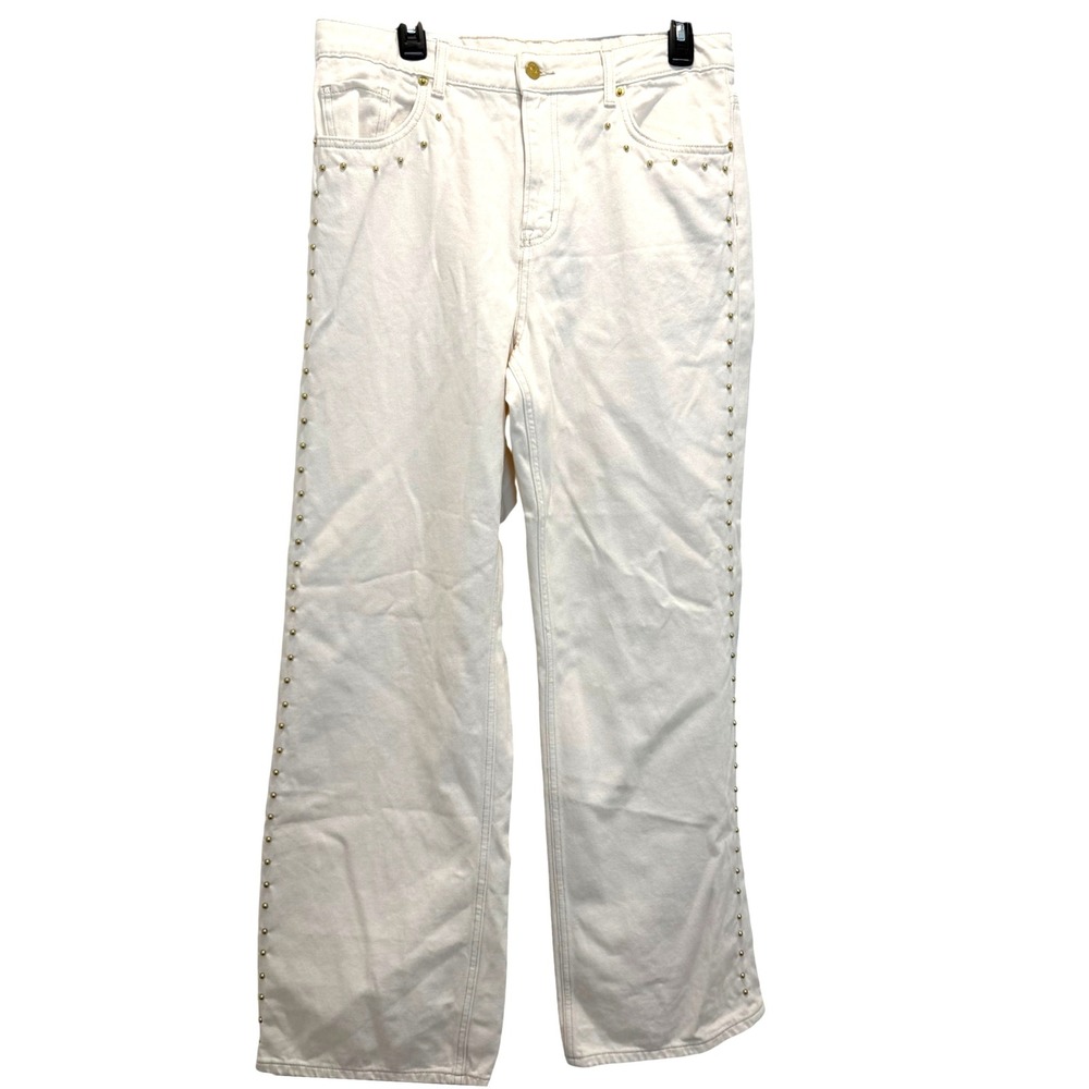 H&M Divided Wide High Waist Jeans Cream Studded Full Length Cotton 12/32 - Picture 1 of 9